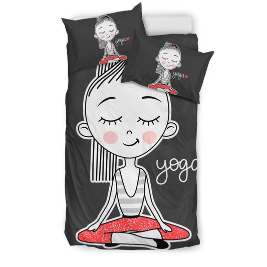 I Love Yoga, Cut Girl Doing Yoga, Lotus Position Cartoon Bedding Set - Top Content | POD Collection | Free Shipping